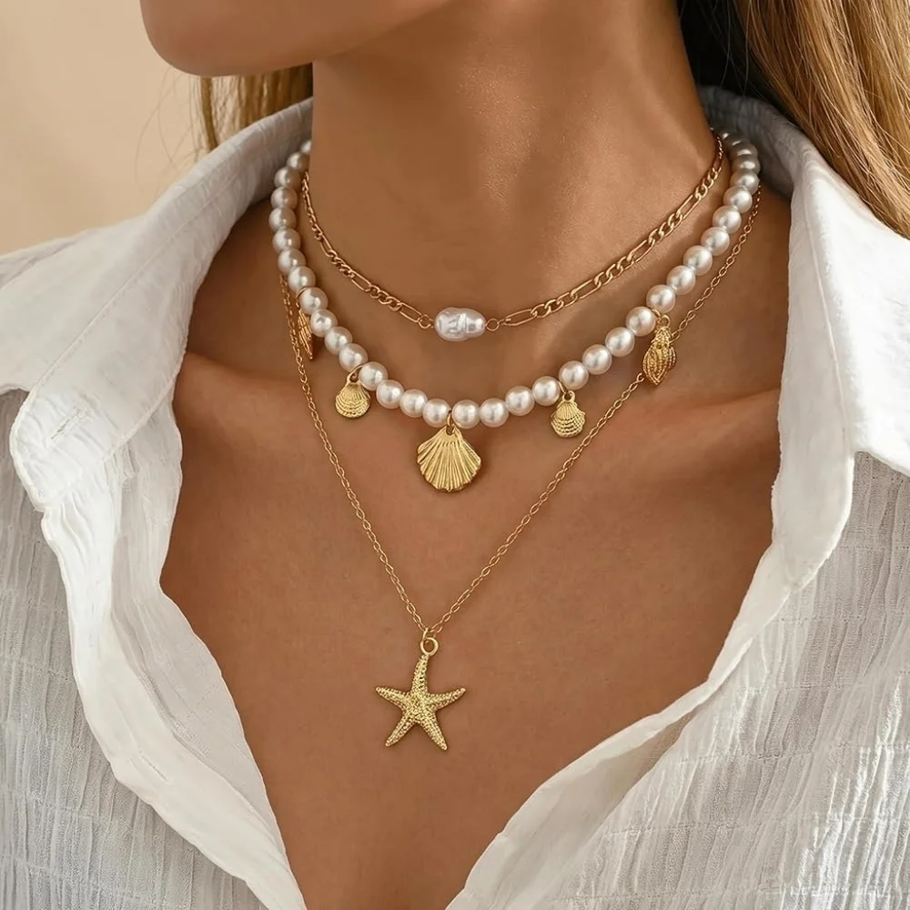 Gold Plated Boho Layered Pearl Conch Shell Starfish Necklace